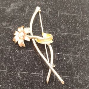 Vintage Gold Brooch with Pink Flower and Yellow Enamel Accent